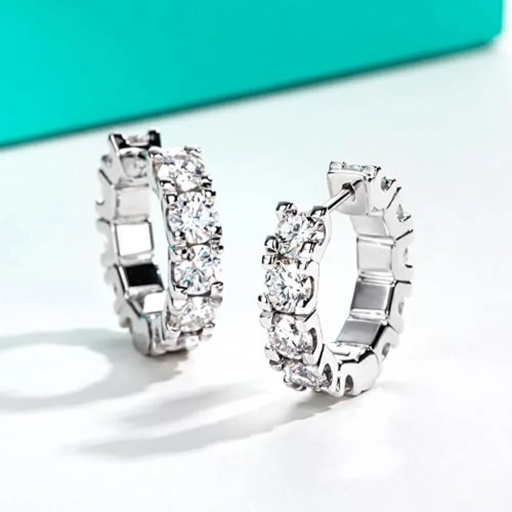 Certified 14K White Gold Huggie Hoop Earrings 6CT Moissanite Diamond S925 Gift